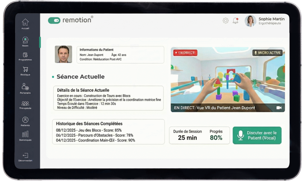 remotion app interface on a tablet showing a live dashboard for remote monitoring of a post-stroke rehabilitation session.