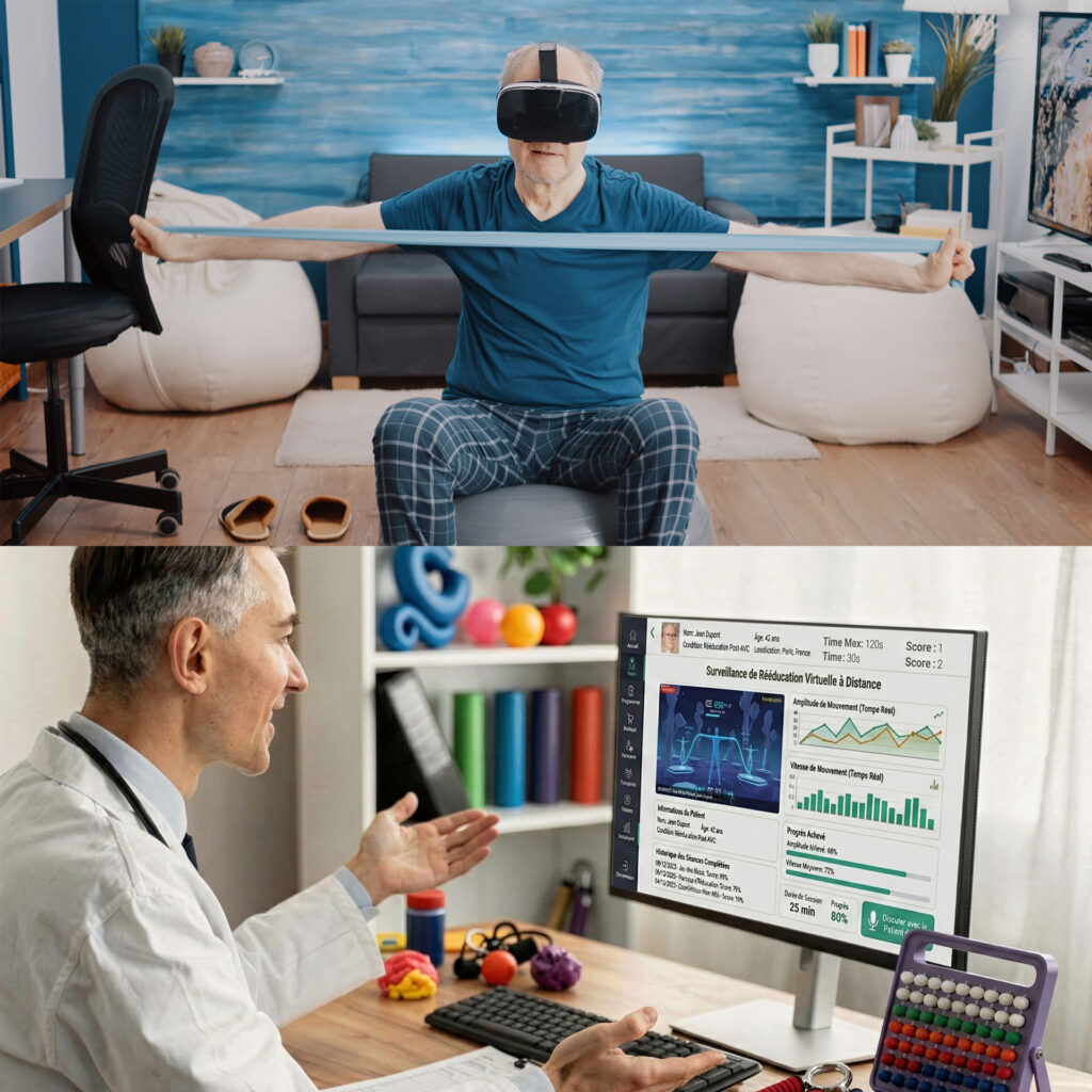 Patient at home using a VR headset and resistance band while a doctor remotely monitors the remotion rehabilitation session through a data dashboard.