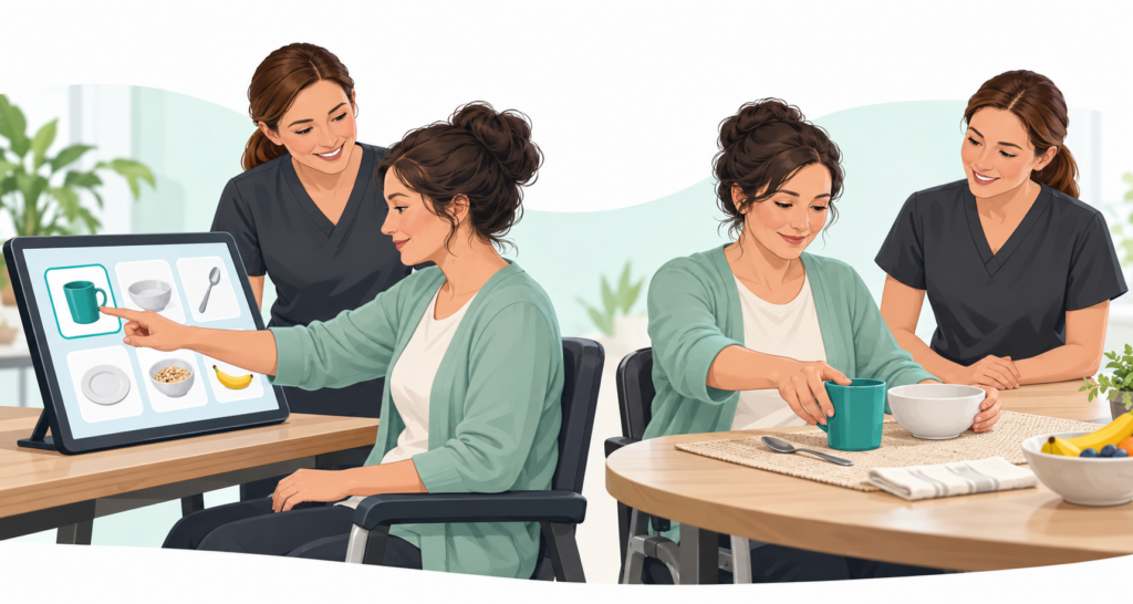 A therapist supports a seated woman selecting breakfast items on a touchscreen and arranging real objects at a table.