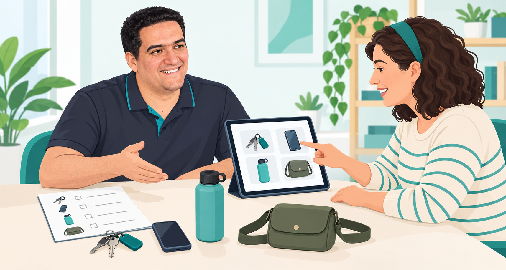 A 2D illustration of a therapist resembling Ahmed Nabli and an adult planning an outing task with a tablet, visual checklist and real objects.