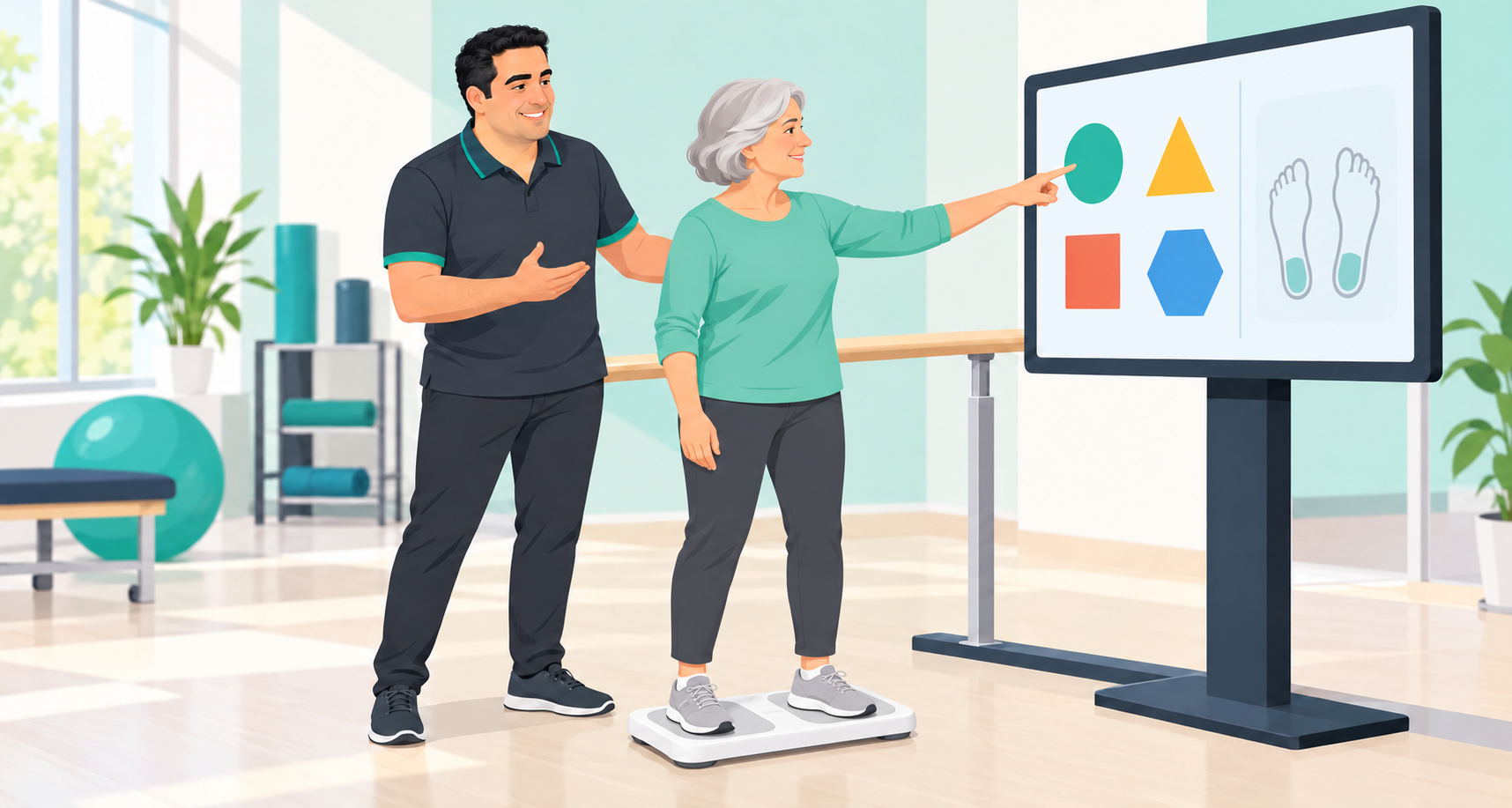 A 2D illustration of a therapist resembling Ahmed Nabli supervising an older woman using a Wii Balance Board-style platform while performing a visual selection task.