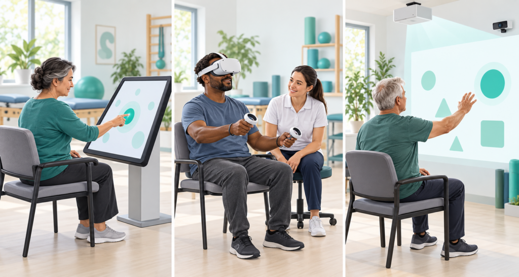 Three seated rehabilitation activities: touchscreen selection, supervised virtual reality and interaction with a wall projection.