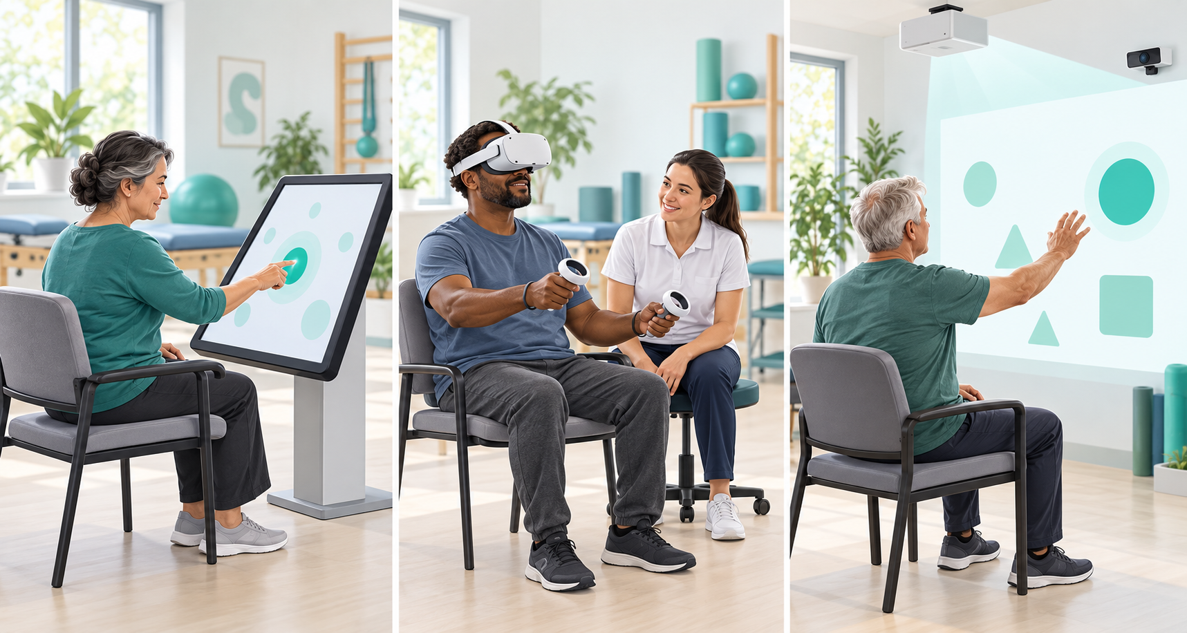 Three seated rehabilitation activities: touchscreen selection, supervised virtual reality and interaction with a wall projection.