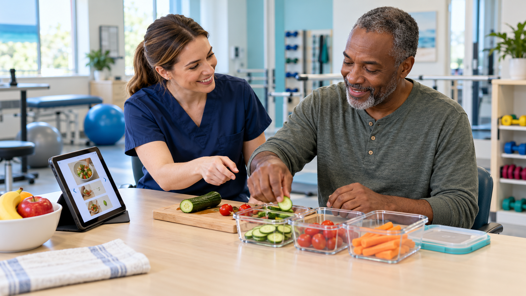 Occupational therapist guiding an adult through meal preparation using tablet-supported activities of daily living.