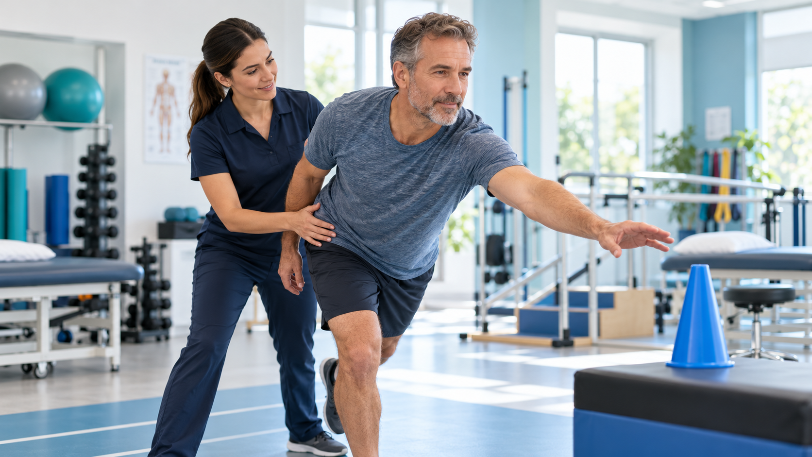 Physiotherapist guiding an adult patient through a balance and reaching exercise in a rehabilitation clinic.