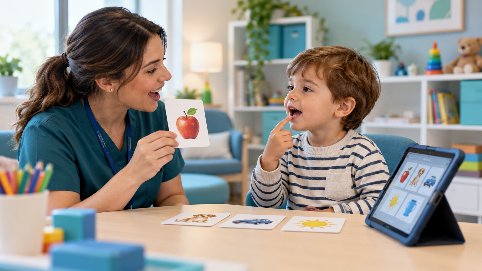 Speech-language therapist using picture cards and a tablet to support a child's communication practice.
