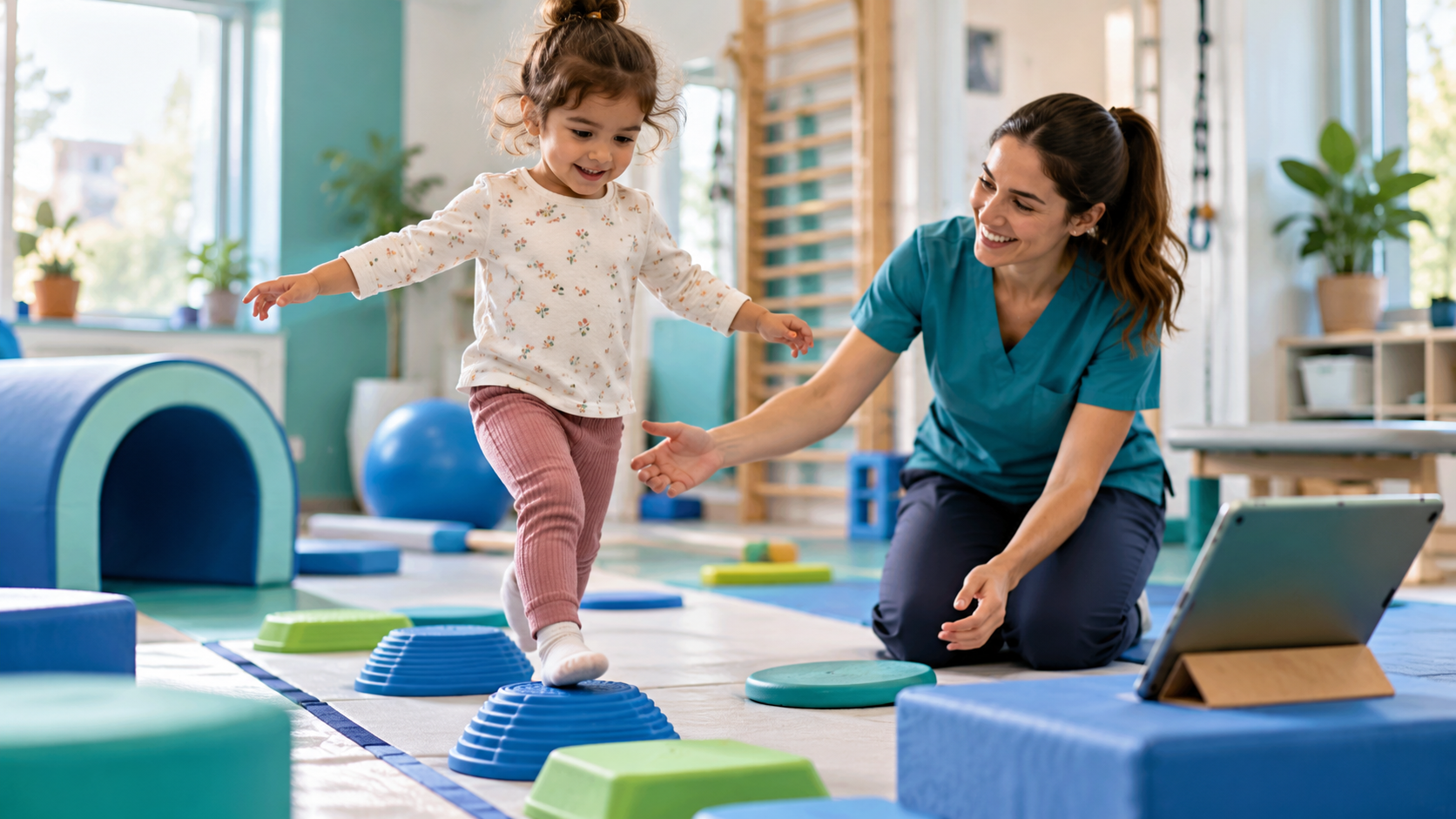Child practising balance on stepping platforms with a psychomotor therapist in a pediatric therapy clinic.