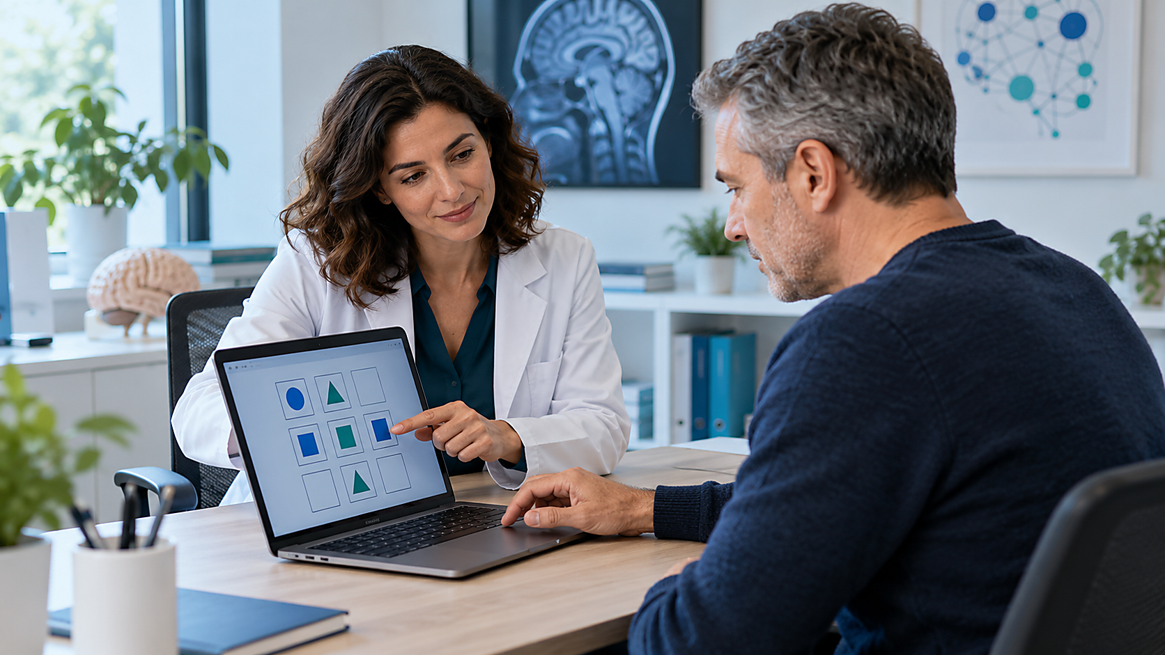 Clinician guiding an adult through a computer-based cognitive assessment during a neuropsychology consultation.