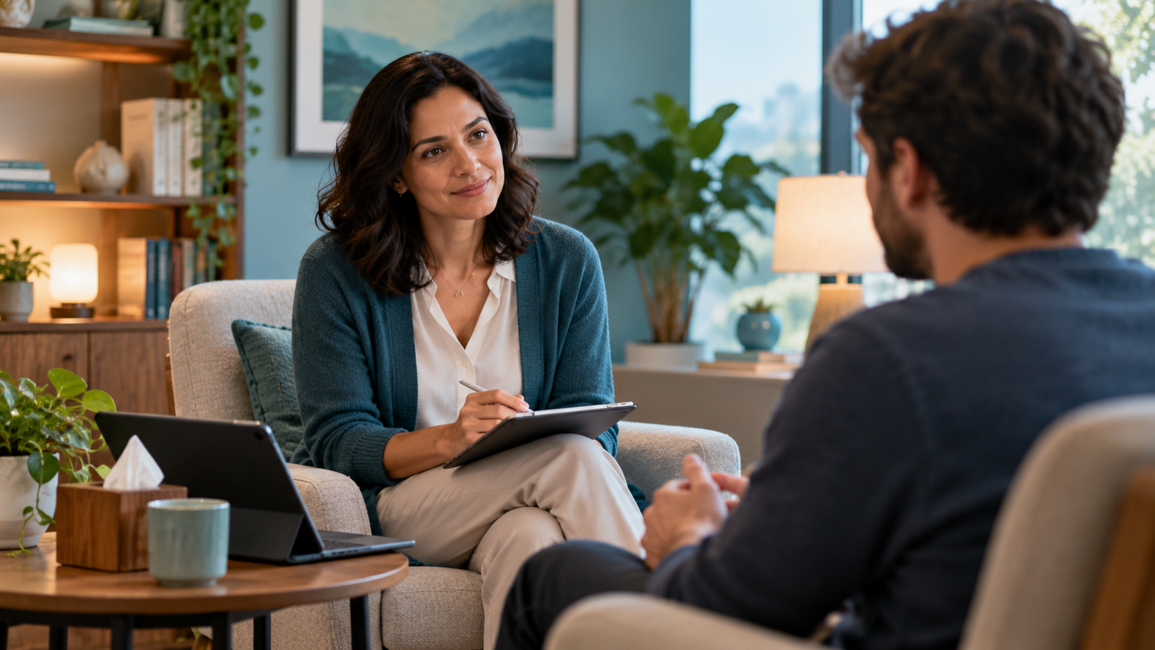 Mental health professional listening to an adult client during a counseling session, with digital tools nearby.