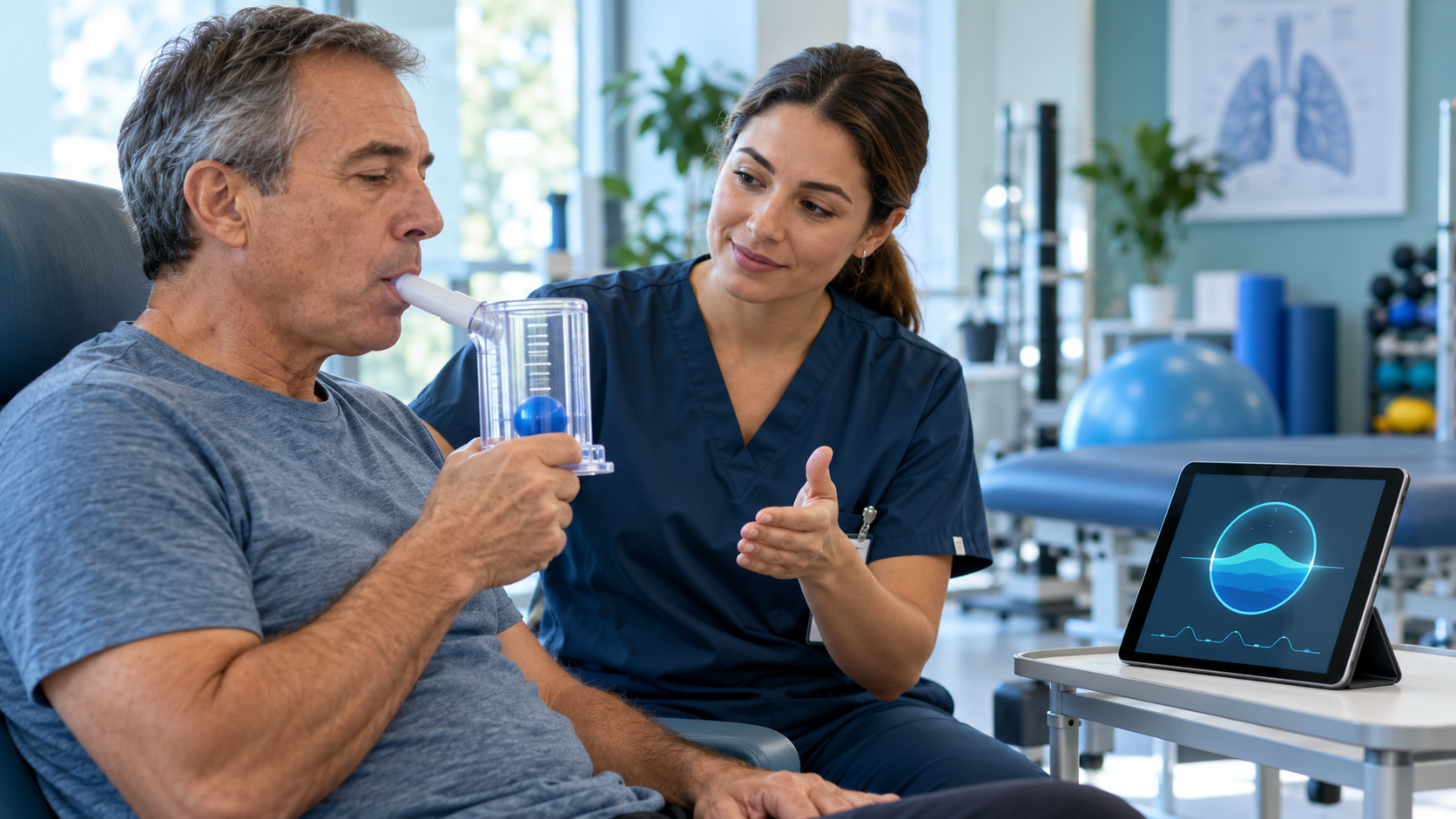 Respiratory therapist guiding an older adult using a breathing exercise device and digital respiratory feedback.