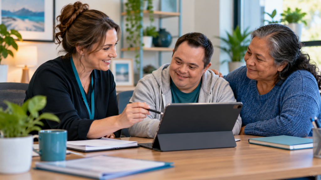 Healthcare professional discussing a digital rehabilitation plan on a tablet with an adult and family caregiver.