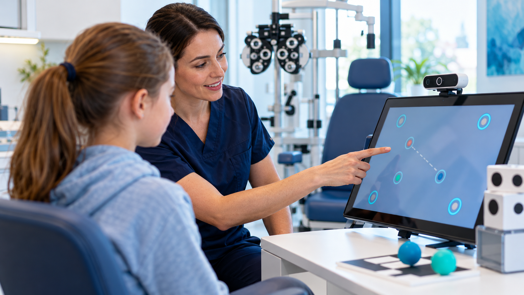 Vision rehabilitation specialist guiding a young patient through a digital visual tracking exercise in an orthoptics clinic.