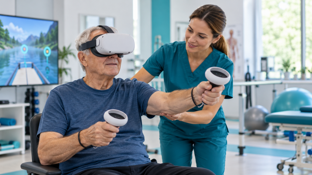 Patient utilisant la réalité virtuelle pour une réadaptation neurologique dans un environnement clinique moderne.