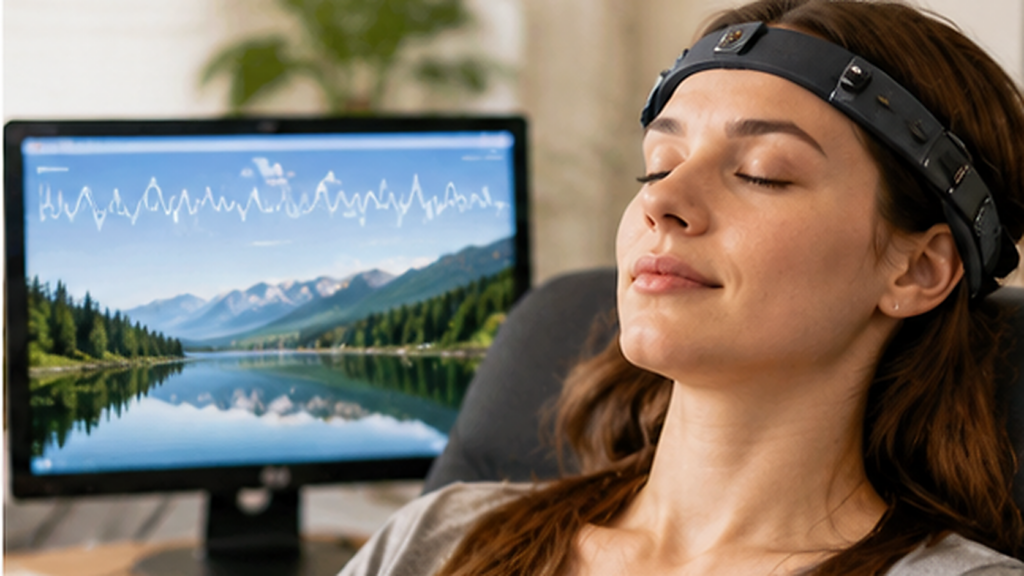 Patient adulte participant à une séance numérique de neurofeedback en santé mentale, sous la supervision d’un thérapeute.
