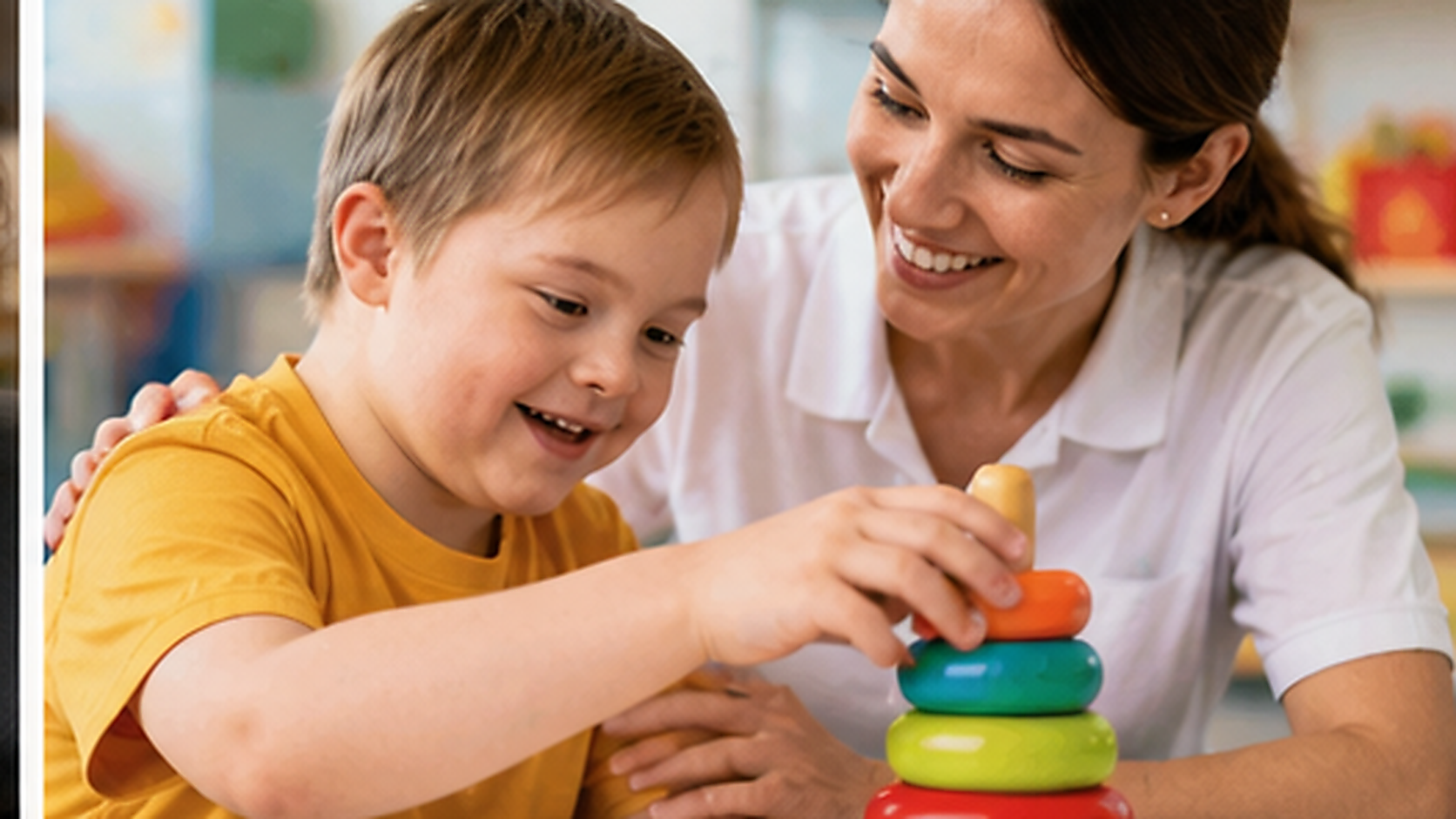 Pediatric therapist helping a child practise developmental motor and play-based skills in a welcoming clinic.