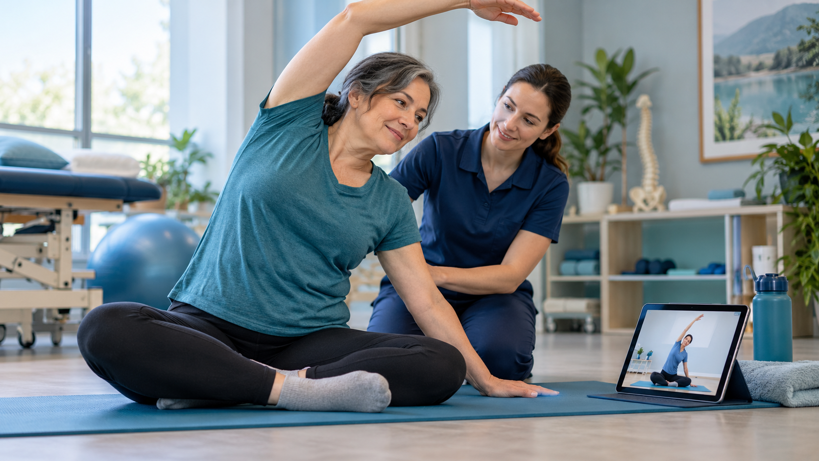 Older woman practising seated stretching with a therapist and tablet-based exercise guidance.