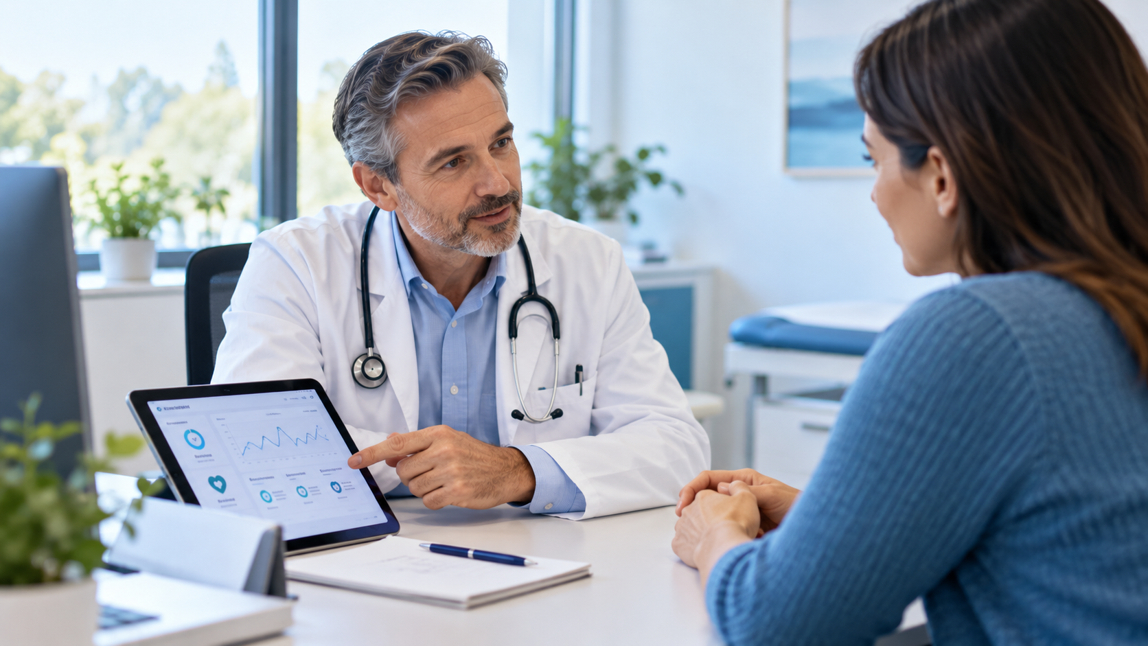 General practitioner discussing digital health monitoring results with a patient during a primary care consultation.