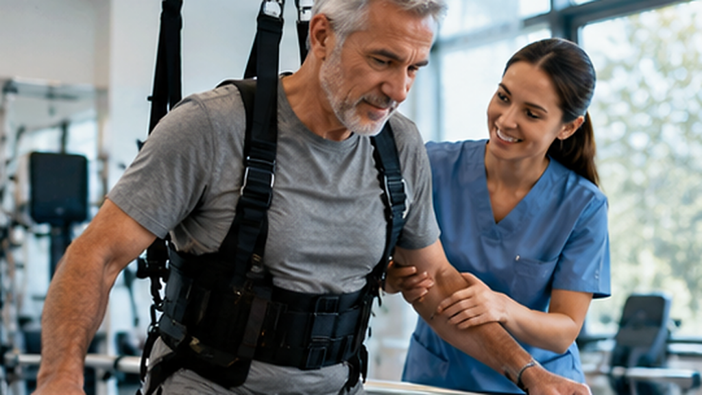 Infirmière accompagnant un patient pendant une séance guidée de mobilité et de réadaptation dans un environnement clinique.
