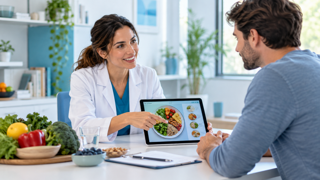 Diététicien échangeant avec un patient adulte sur un plan alimentaire équilibré, à l’aide d’une tablette et d’aliments frais, lors d’une consultation nutritionnelle.