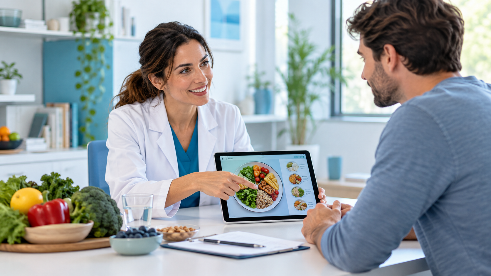 Dietitian discussing a balanced meal plan with an adult patient using a tablet and fresh food during a nutrition consultation.