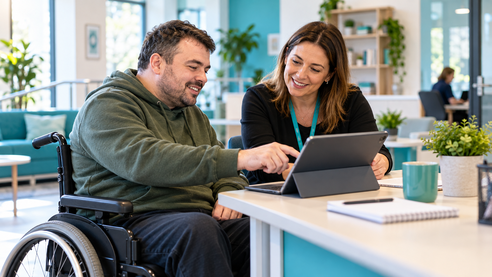 Social worker helping an adult wheelchair user navigate digital services on a tablet in an accessible community support office.