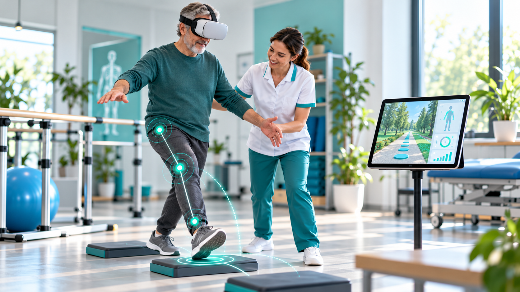 Therapist using motion-tracking feedback during gait and balance rehabilitation in a modern clinic.