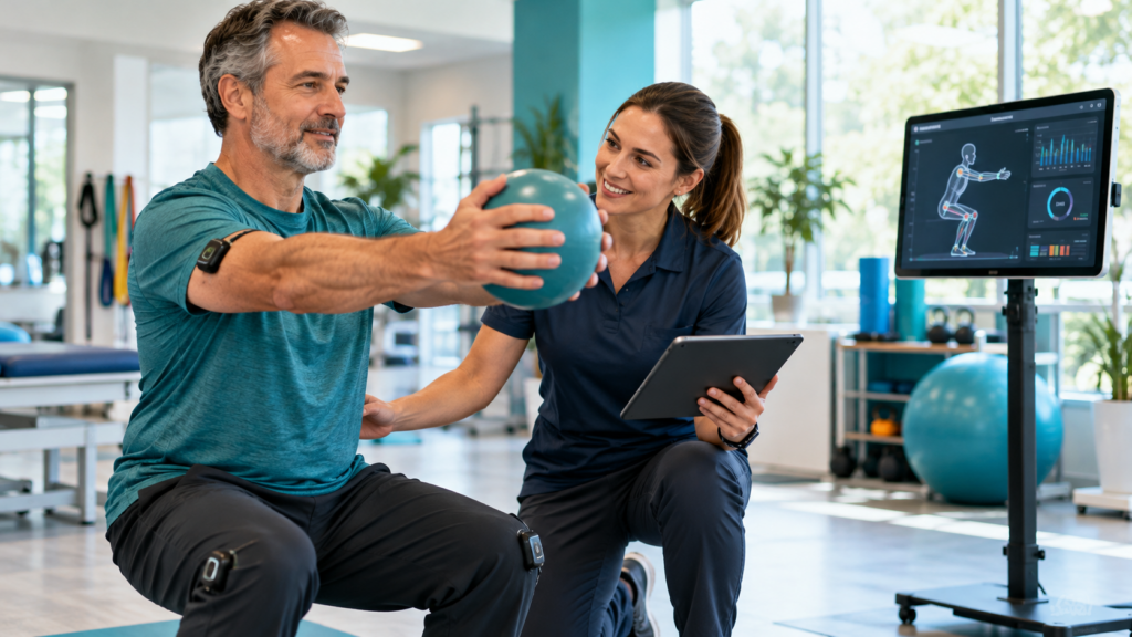 Kinésithérapeute accompagnant un adulte dans un exercice du membre supérieur avec des capteurs de mouvement portables et un retour numérique sur l’activité.