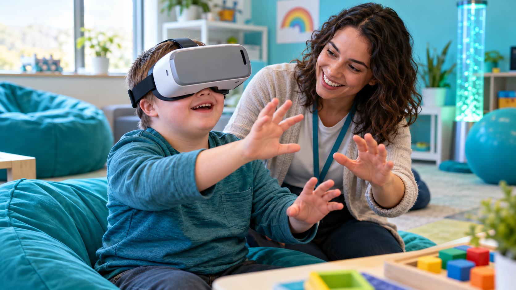 Participant exploring a virtual reality disability awareness simulation during an inclusive group learning session.