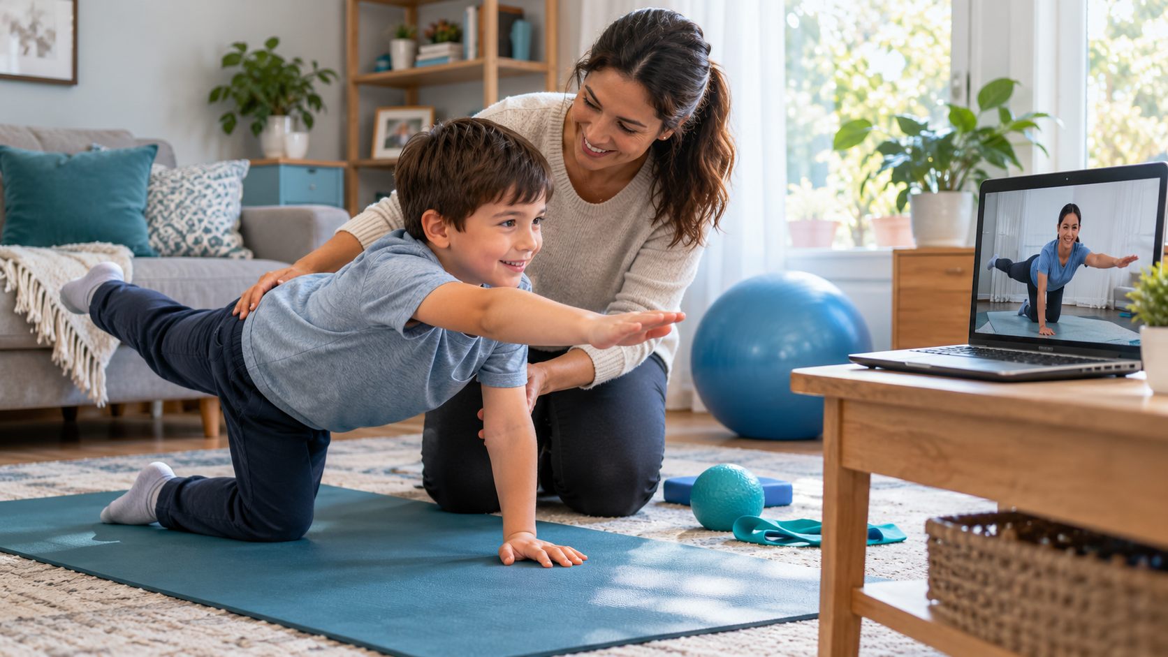Caregiver helping a child practise a home-based rehabilitation activity while a therapist guides the exercise by video.