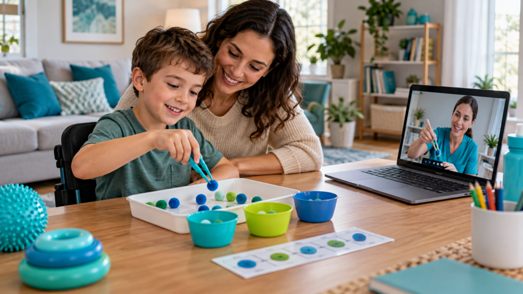 Parent helping a child practise a fine motor sorting activity at home while a therapist provides guidance through a video call.