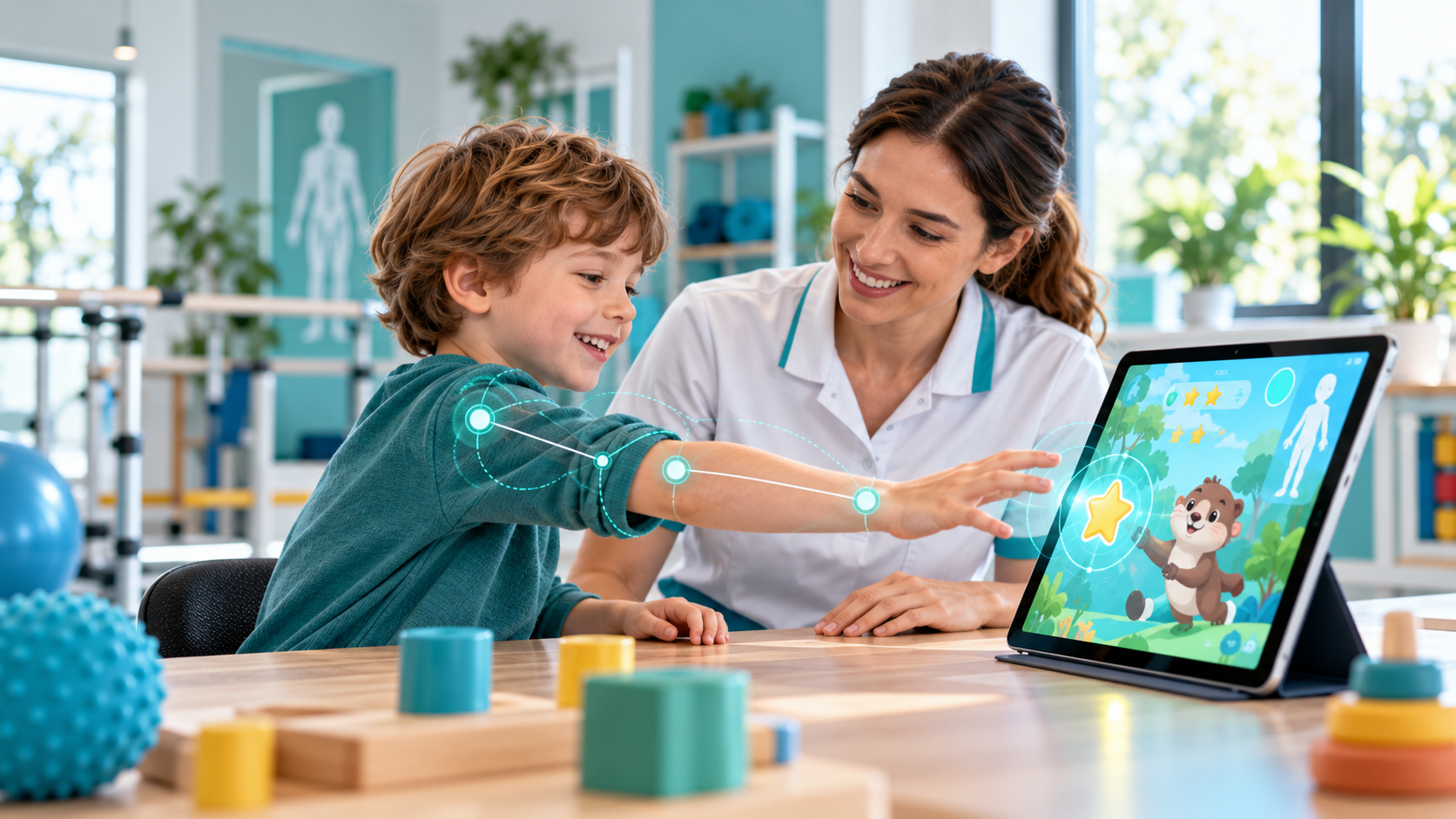 Child practicing interactive motor skills on a tablet with guidance from a pediatric therapist.