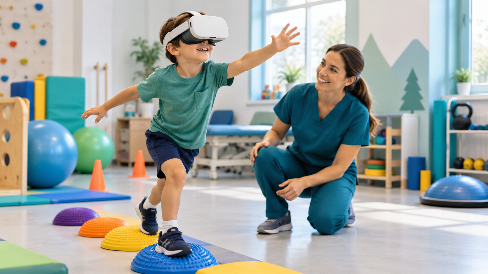 Child using a virtual reality headset during a supervised pediatric therapy session.
