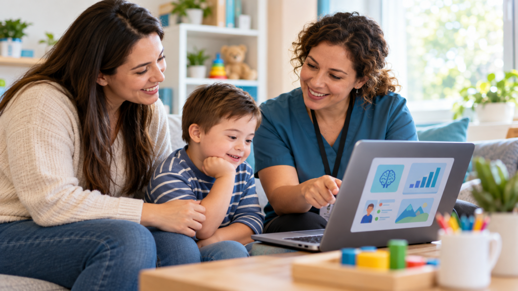 Therapist reviewing AI-assisted activity ideas on a laptop with a parent and child during a home consultation.