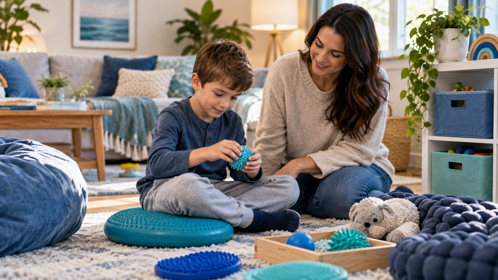 Parent supporting a child's sensory play using a textured ball and balance cushion in a calm home environment.