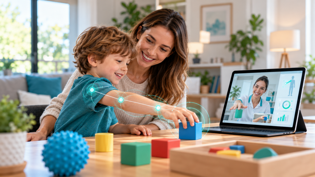 Family supporting a child during a remote rehabilitation session with a therapist on screen.