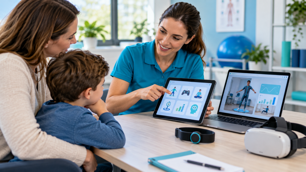 Therapist helping a parent and child compare digital rehabilitation tools, including a tablet, motion tracking and a VR headset.