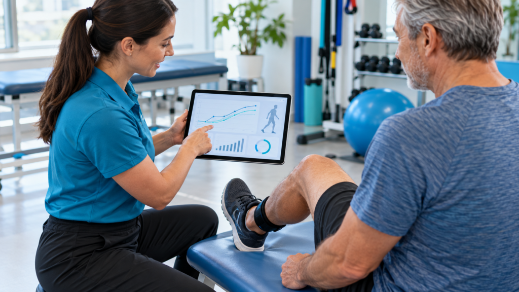 Physiotherapist reviewing digital rehabilitation progress charts with an older adult during a lower limb exercise session.