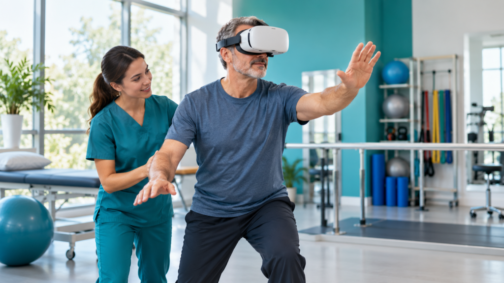 Patient practicing balance and movement with virtual reality under therapist supervision.
