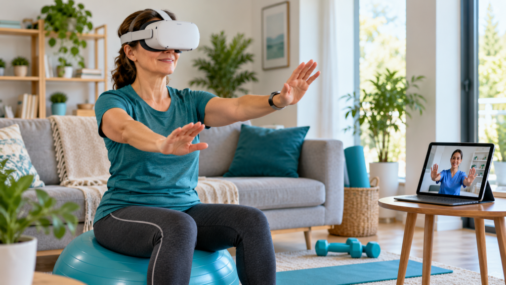 Person exercising at home during a hybrid rehabilitation programme using remote digital support.