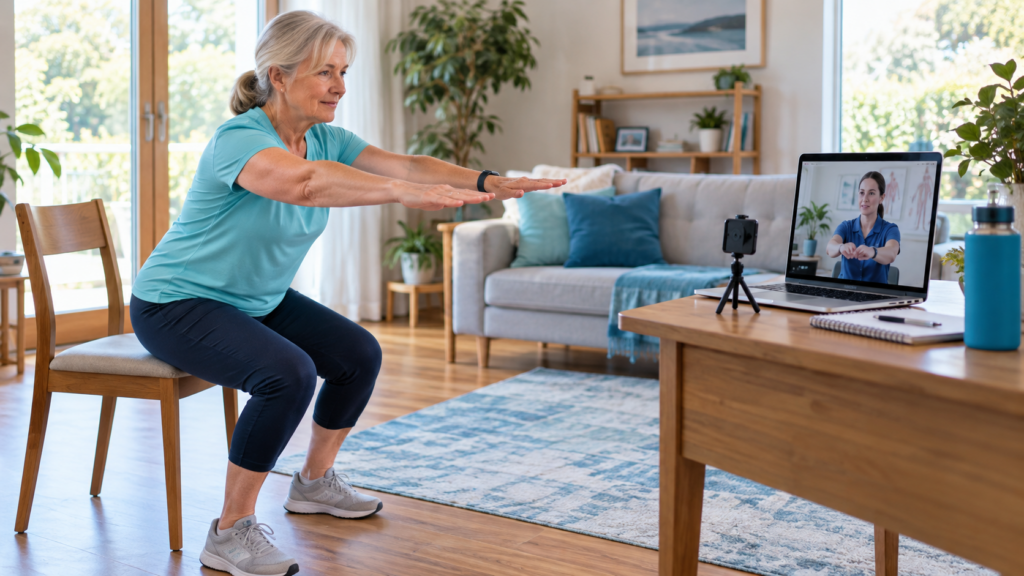 Older adult performing a sit-to-stand mobility assessment at home during a video consultation with a rehabilitation therapist.
