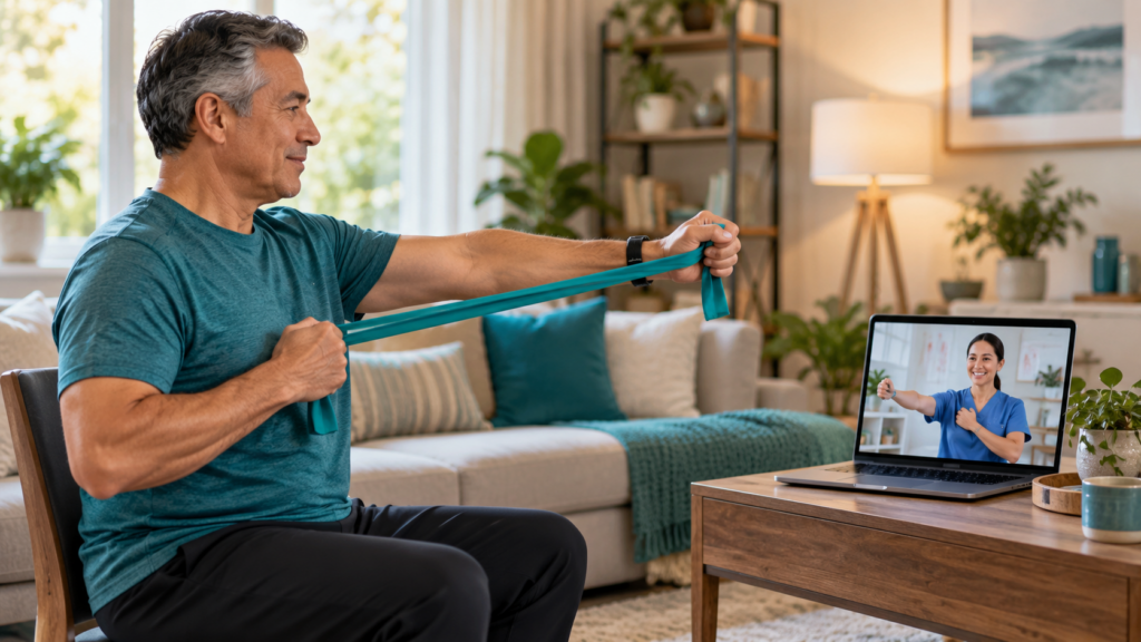 Adult completing therapeutic exercises at home during a video consultation with a clinician.