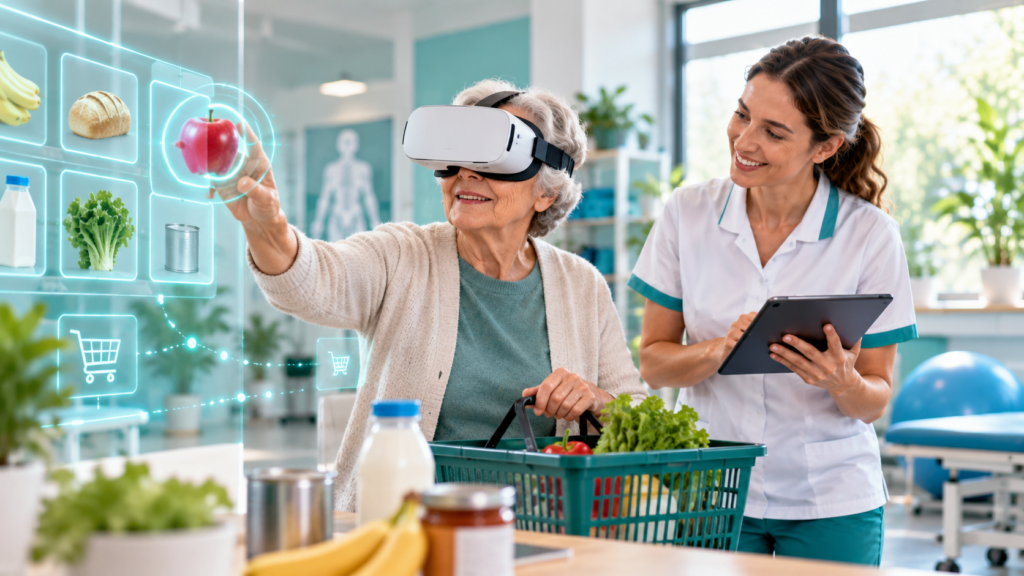 Interactive virtual shopping task used to encourage engagement in therapist-guided rehabilitation.
