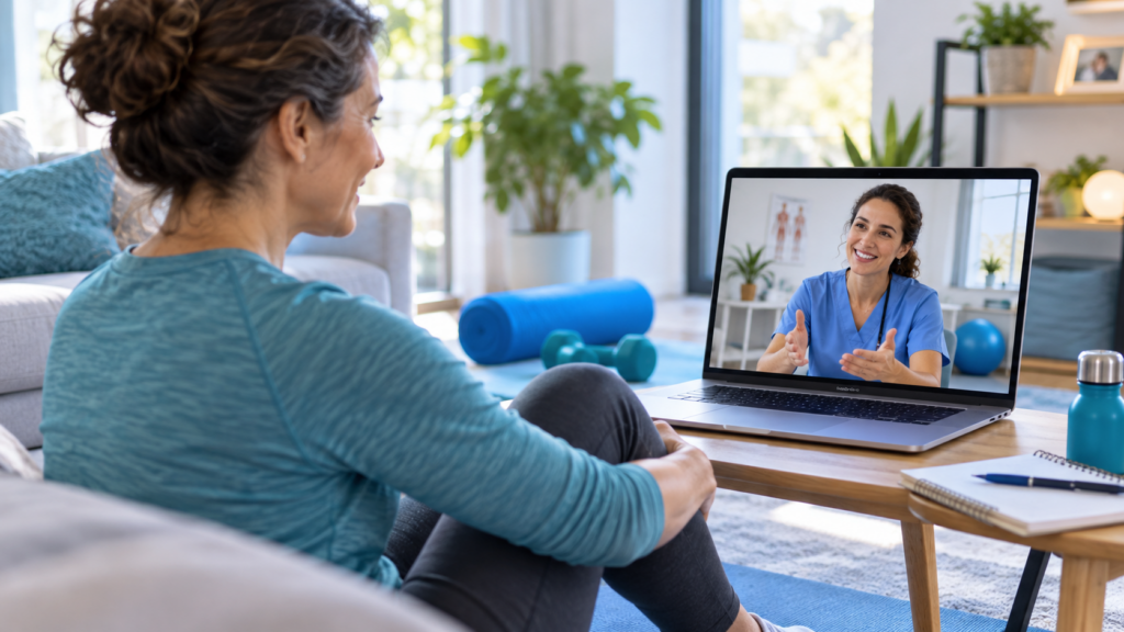 Adult patient speaking with a rehabilitation therapist during a supportive video consultation at home.