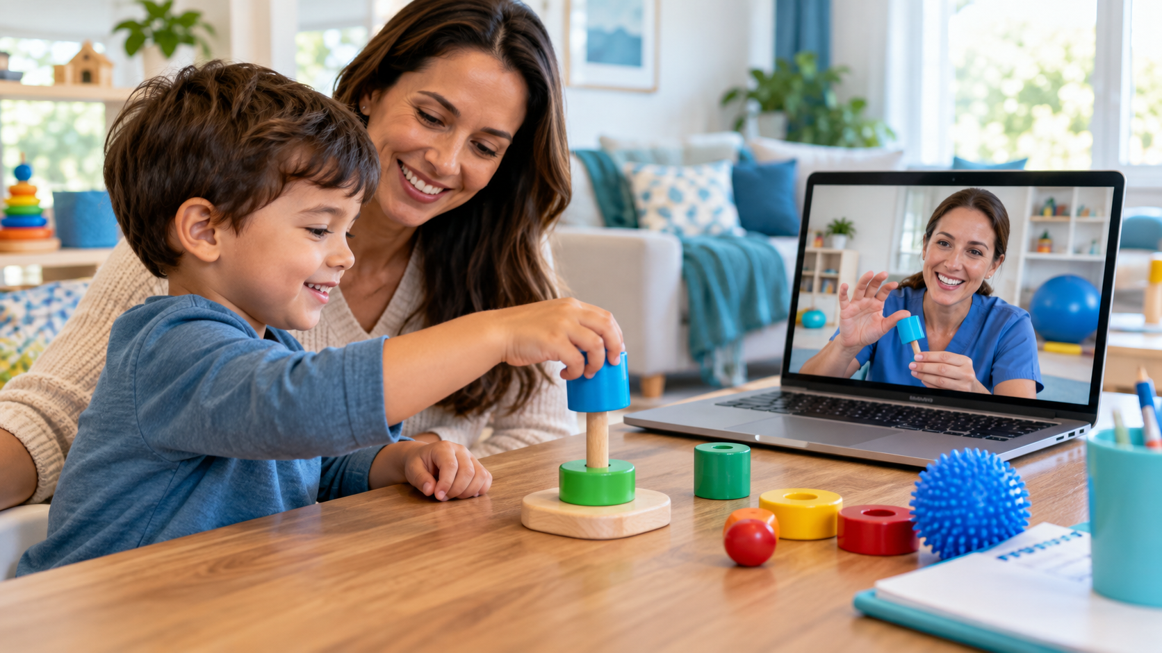Young child and parent practising a play-based fine motor activity at home with guidance from a pediatric therapist by video call.