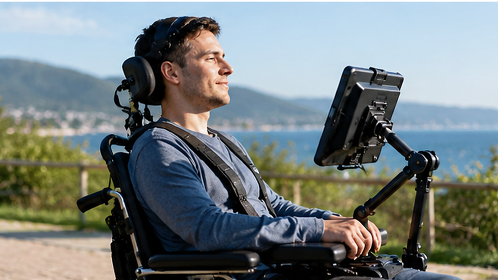Person using assistive communication technology in a wheelchair to support accessible digital rehabilitation and participation.