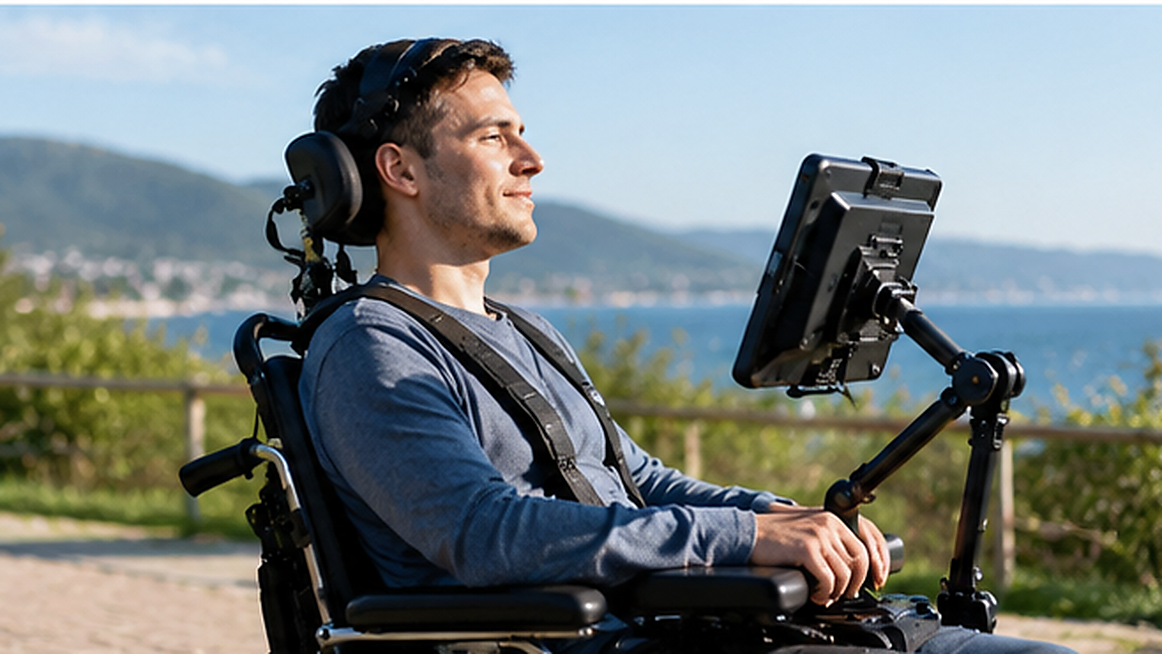 Person using assistive communication technology in a wheelchair to support accessible digital rehabilitation and participation.