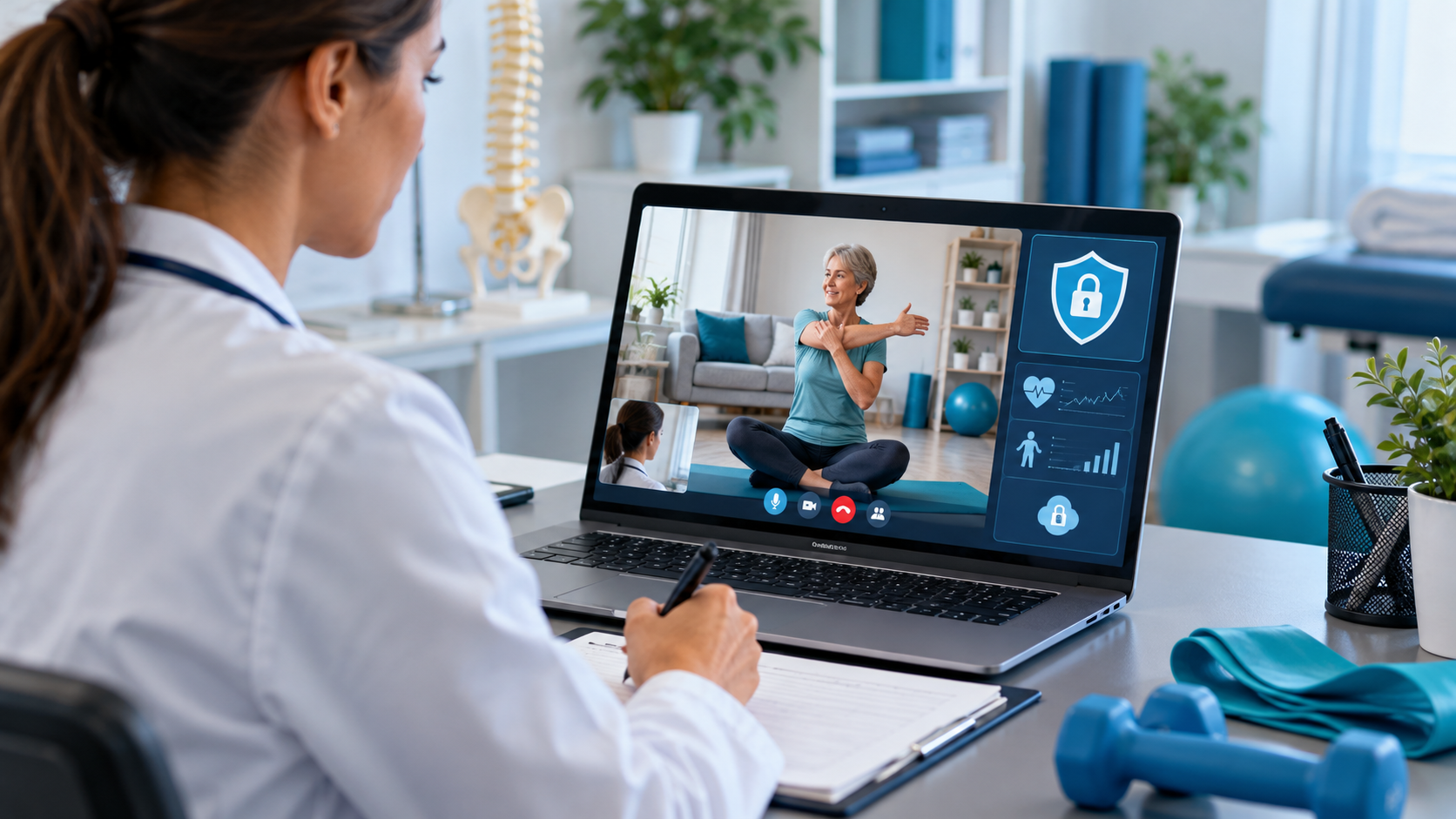 Healthcare professional reviewing a remote rehabilitation video session on a laptop with digital privacy and security symbols.
