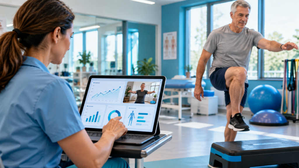 Physiotherapist reviewing rehabilitation outcome charts on a laptop while an older adult performs a balance exercise in the clinic.