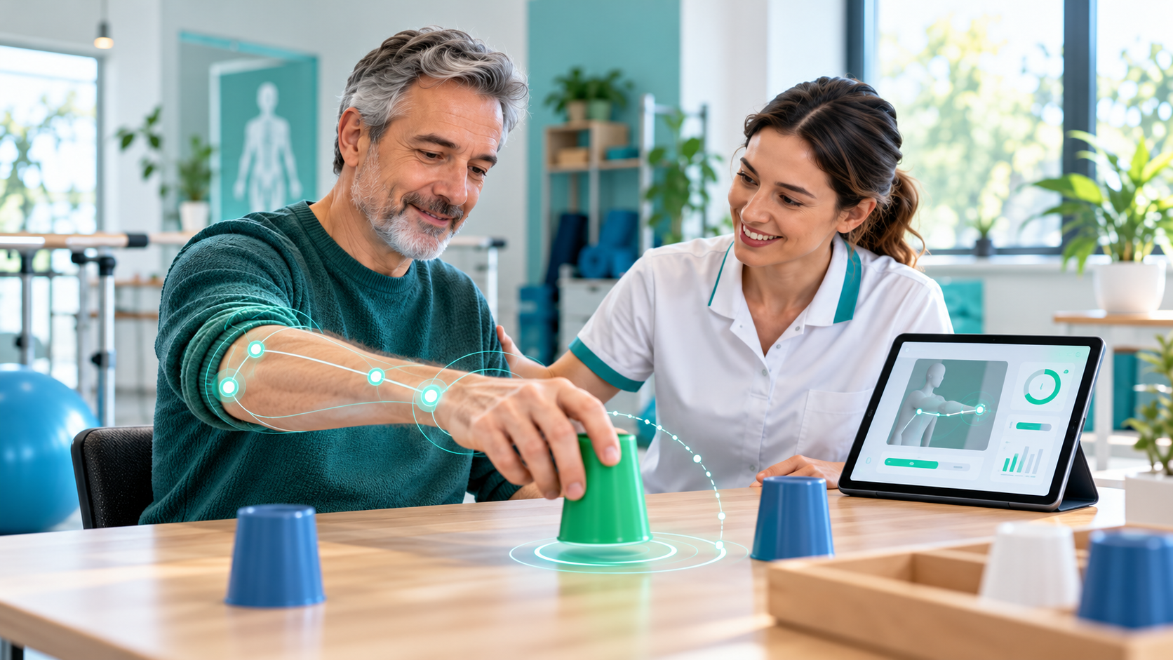 Adult patient practicing functional upper-limb reaching with therapist support and digital movement feedback after stroke.