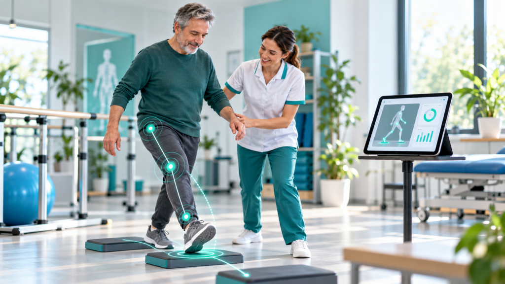 Physiotherapist supporting balance and movement practice with digital monitoring for an older adult.
